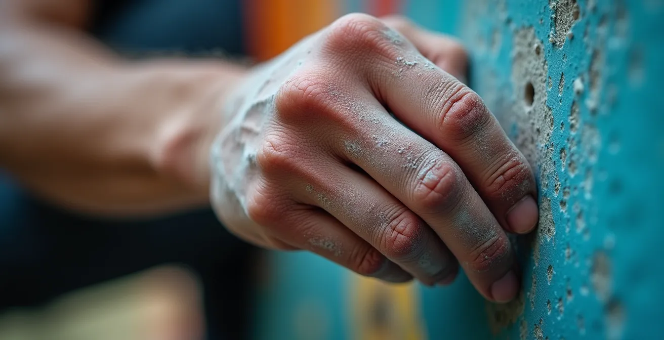 Gros plan sur la main d'un grimpeur saisissant une prise avec précision technique