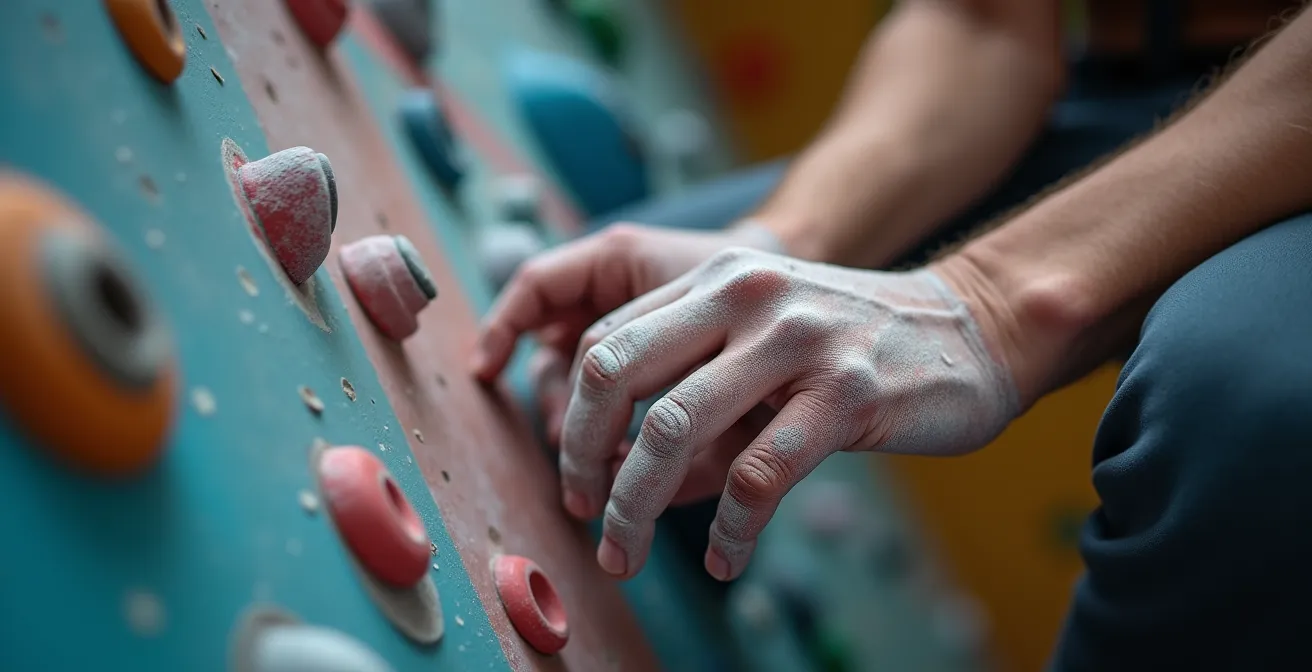 Gros plan sur les mains d'un grimpeur avec magnésie montrant la texture et l'effort