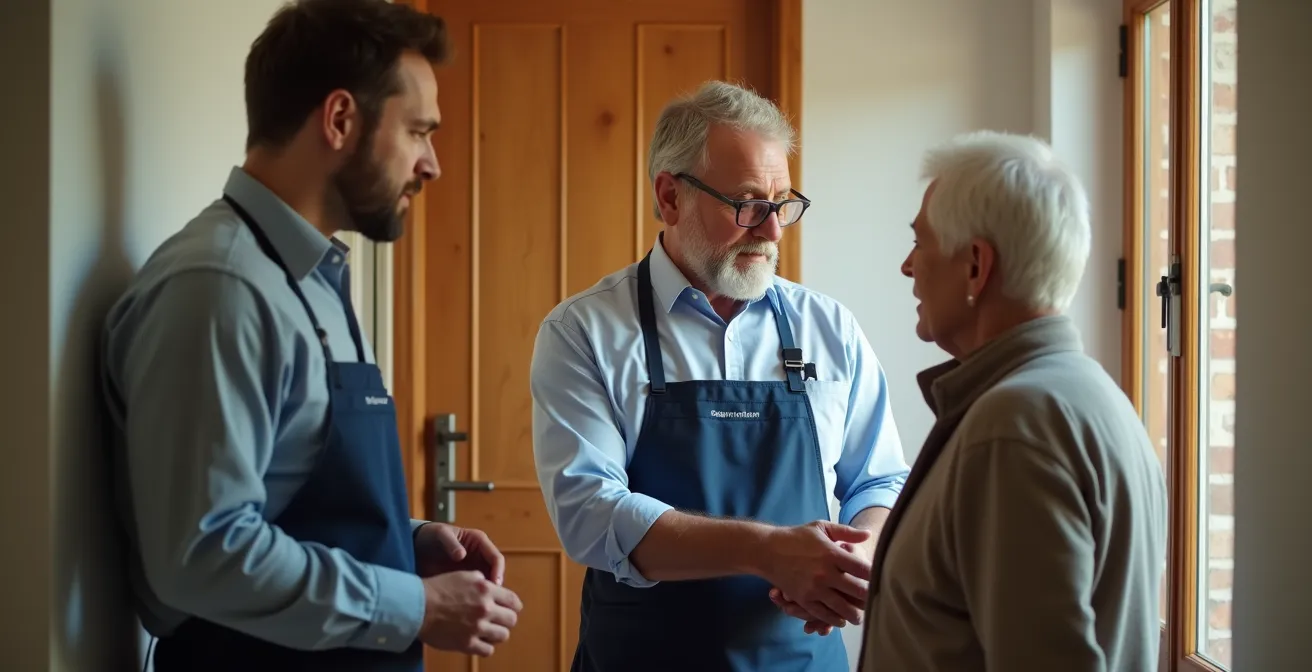 Serrurier professionnel expliquant une solution de sécurité à un client dans son entrée