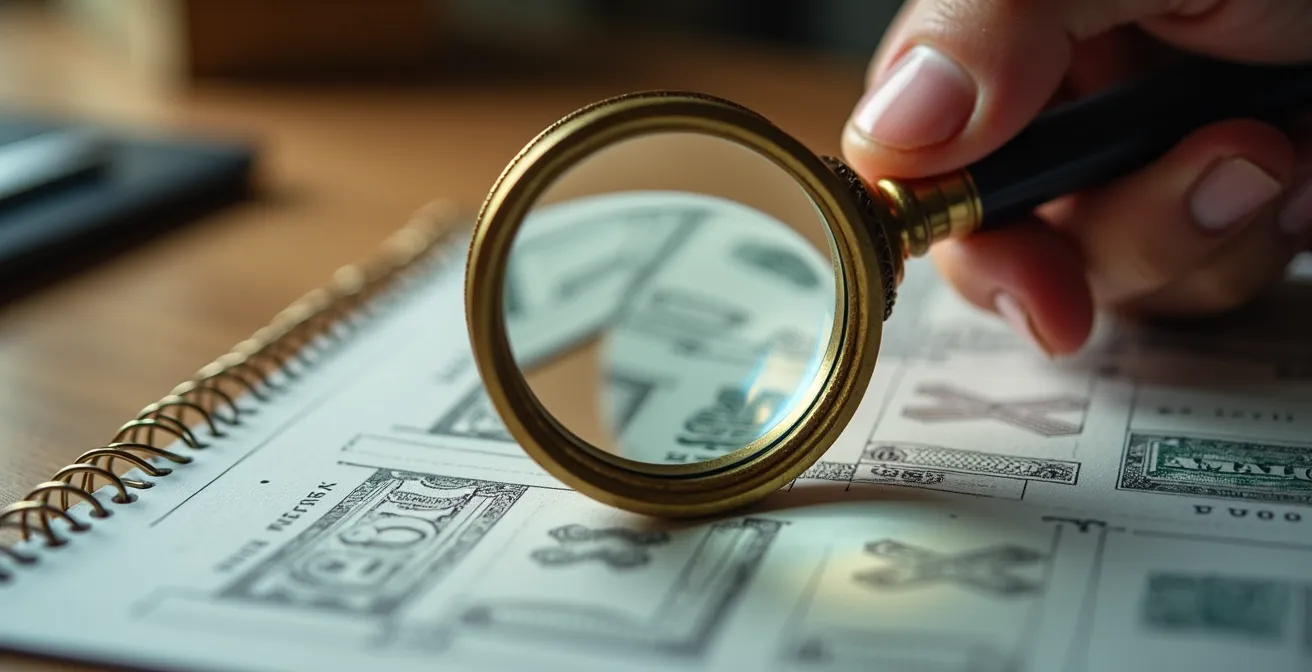 Gros plan sur une main analysant des documents financiers complexes avec une loupe