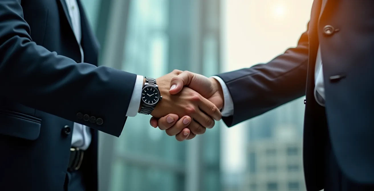 Deux professionnels échangeant une poignée de main ferme dans un environnement d'affaires moderne