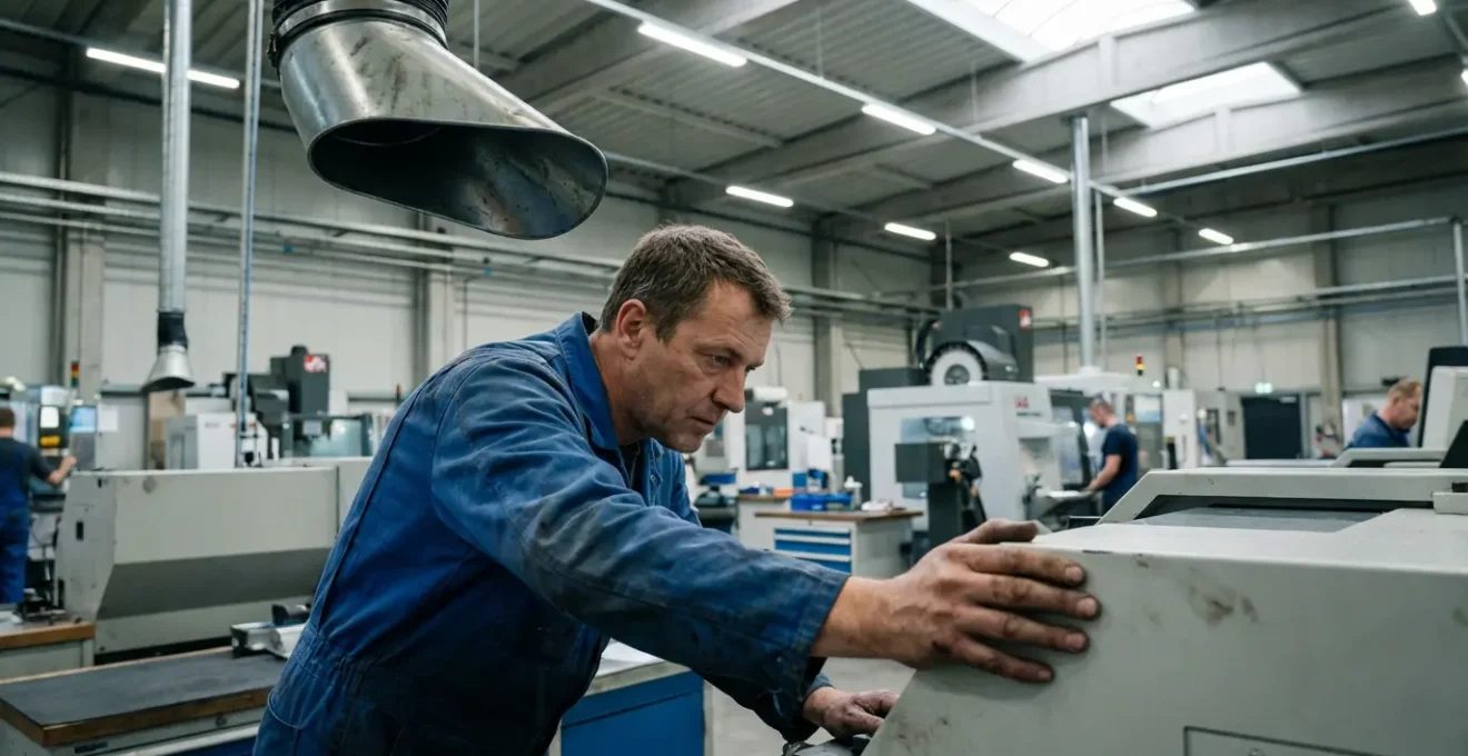 Technicien inspectant machine-outil avec système extraction air industriel visible en atelier moderne