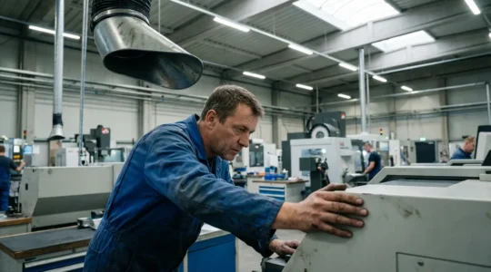 Technicien inspectant machine-outil avec système extraction air industriel visible en atelier moderne
