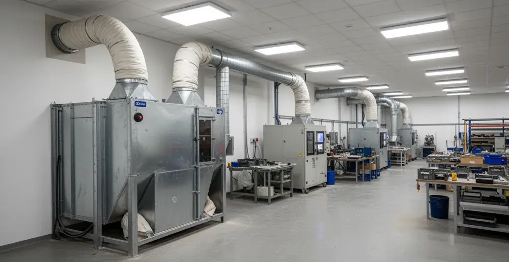 Dépoussiéreur industriel avec manches filtrantes et gaines extraction dans atelier production