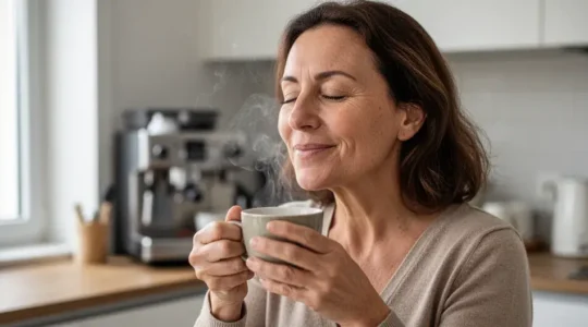 Femme savourant café Senseo fumant yeux mi-clos dans cuisine lumineuse