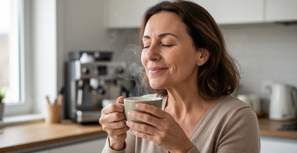 Femme savourant café Senseo fumant yeux mi-clos dans cuisine lumineuse