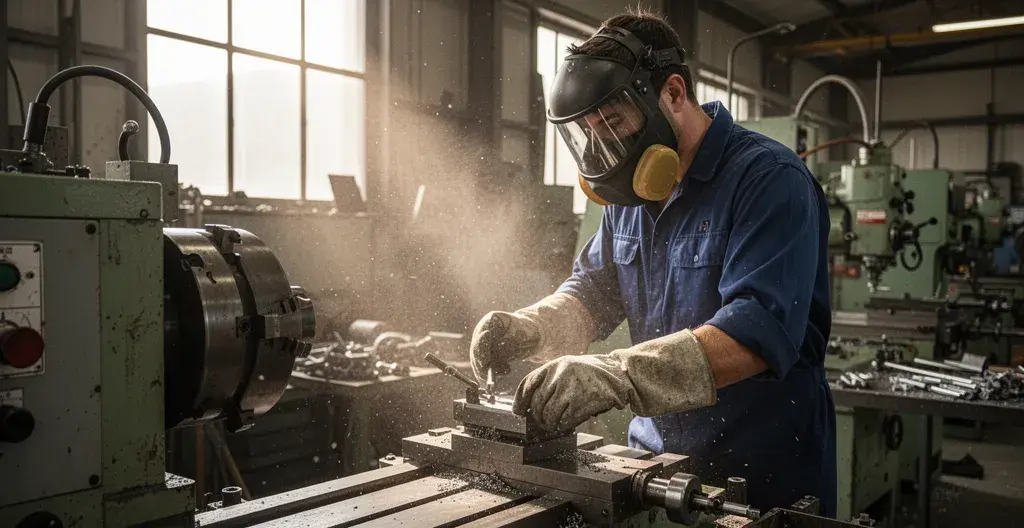 Ouvrier travaillant en atelier métallurgie avec particules poussières visibles dans rayon lumière