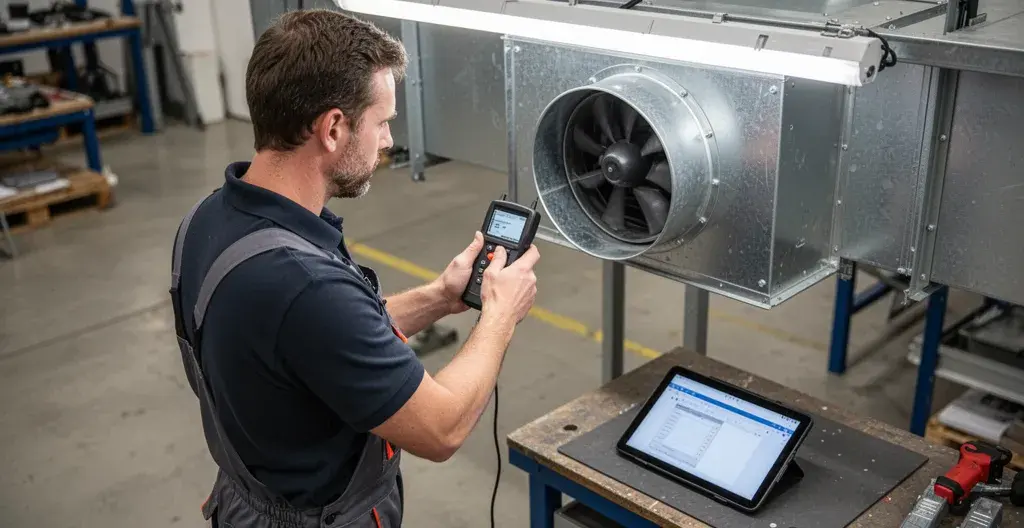 Technicien mesurant débit air avec anémomètre près bouche extraction atelier industriel