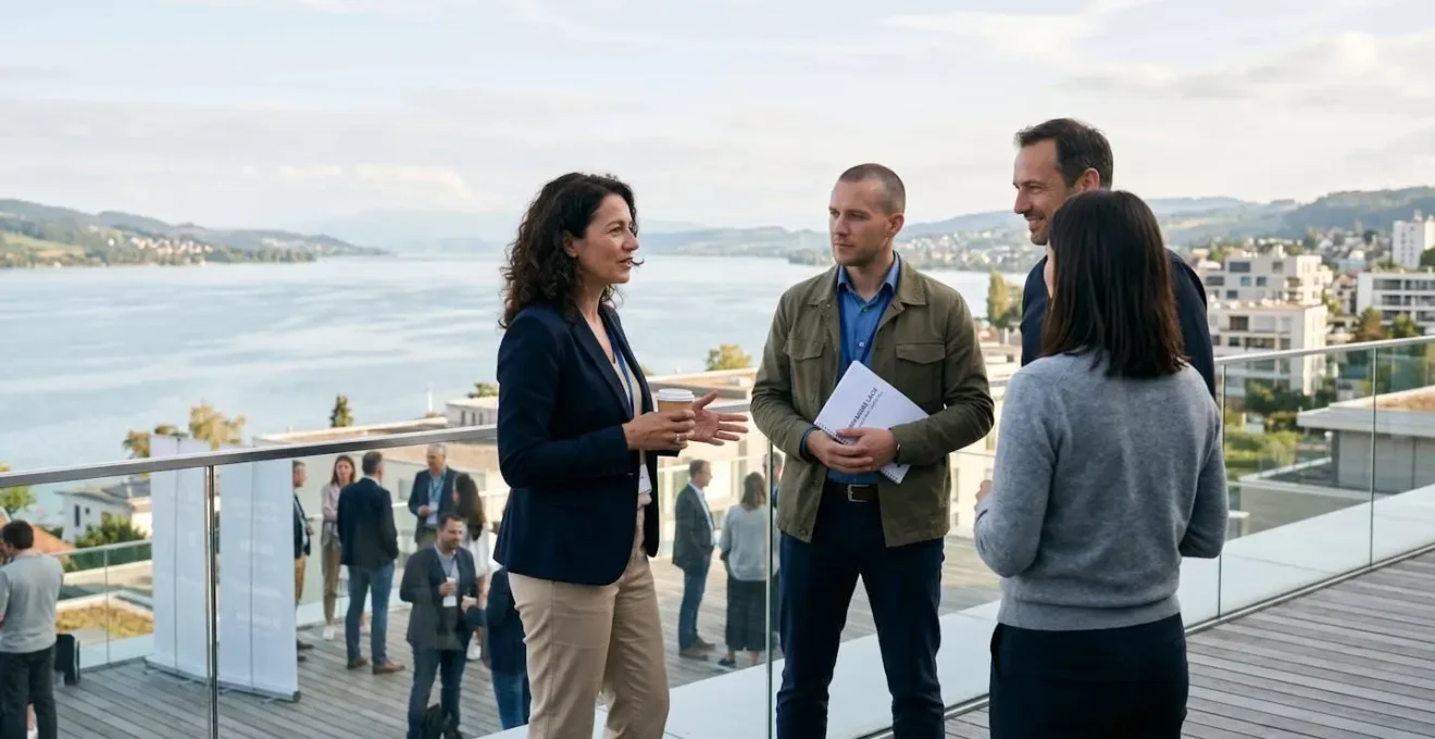 Petit groupe de professionnels en tenue décontractée discutant debout sur une terrasse extérieure face à un lac, vus de dos ou de profil, moment de pause authentique, lumière naturelle douce