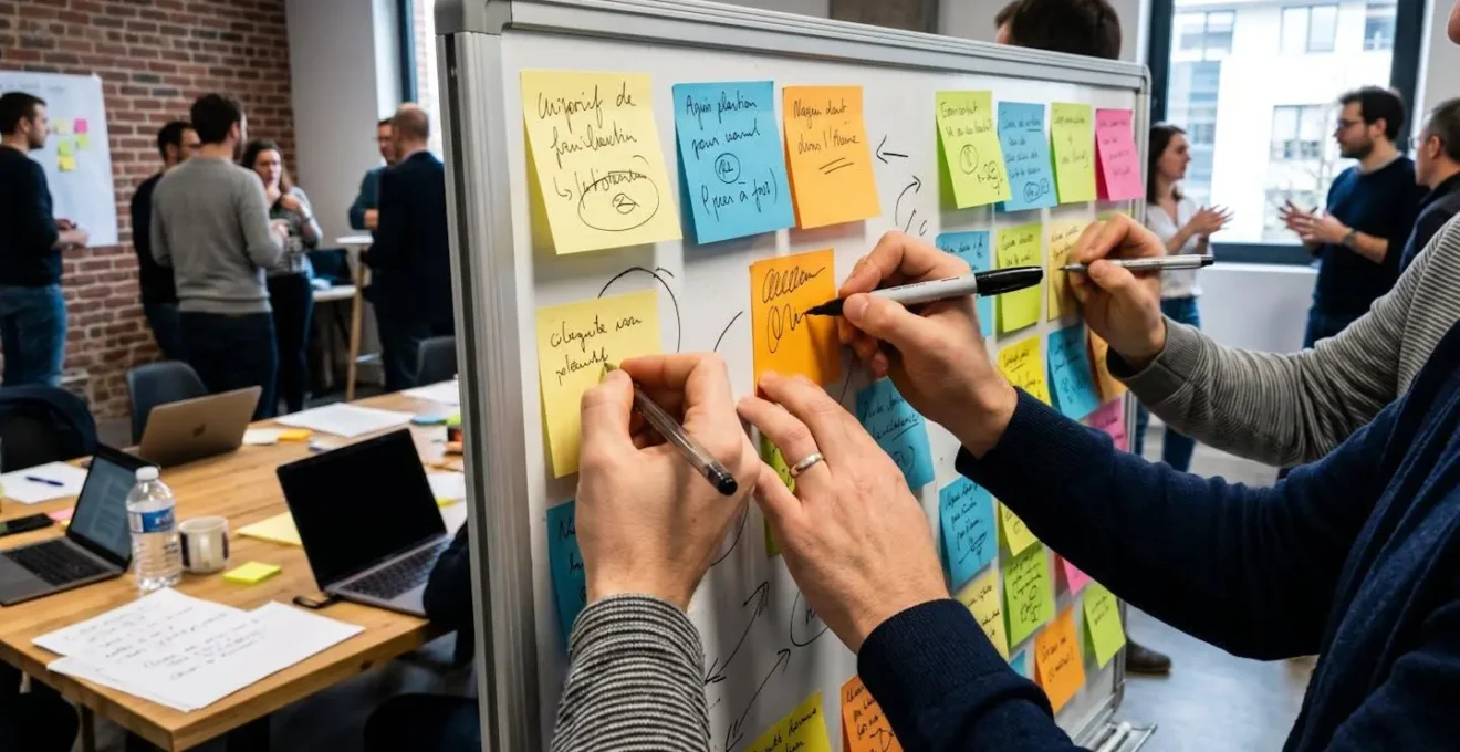Gros plan sur des mains écrivant sur des post-it colorés collés sur un tableau blanc, session de brainstorming, écriture manuscrite floue, profondeur de champ réduite, couleurs vives