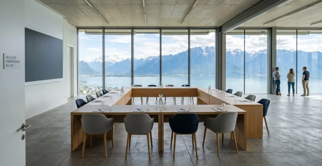Vaste salle de séminaire contemporaine avec grandes baies vitrées donnant sur un lac de montagne, tables disposées en îlots, lumière naturelle abondante, espace vide et accueillant