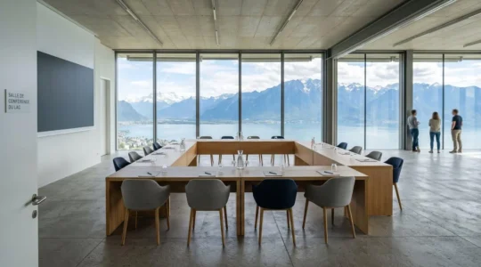 Vaste salle de séminaire contemporaine avec grandes baies vitrées donnant sur un lac de montagne, tables disposées en îlots, lumière naturelle abondante, espace vide et accueillant