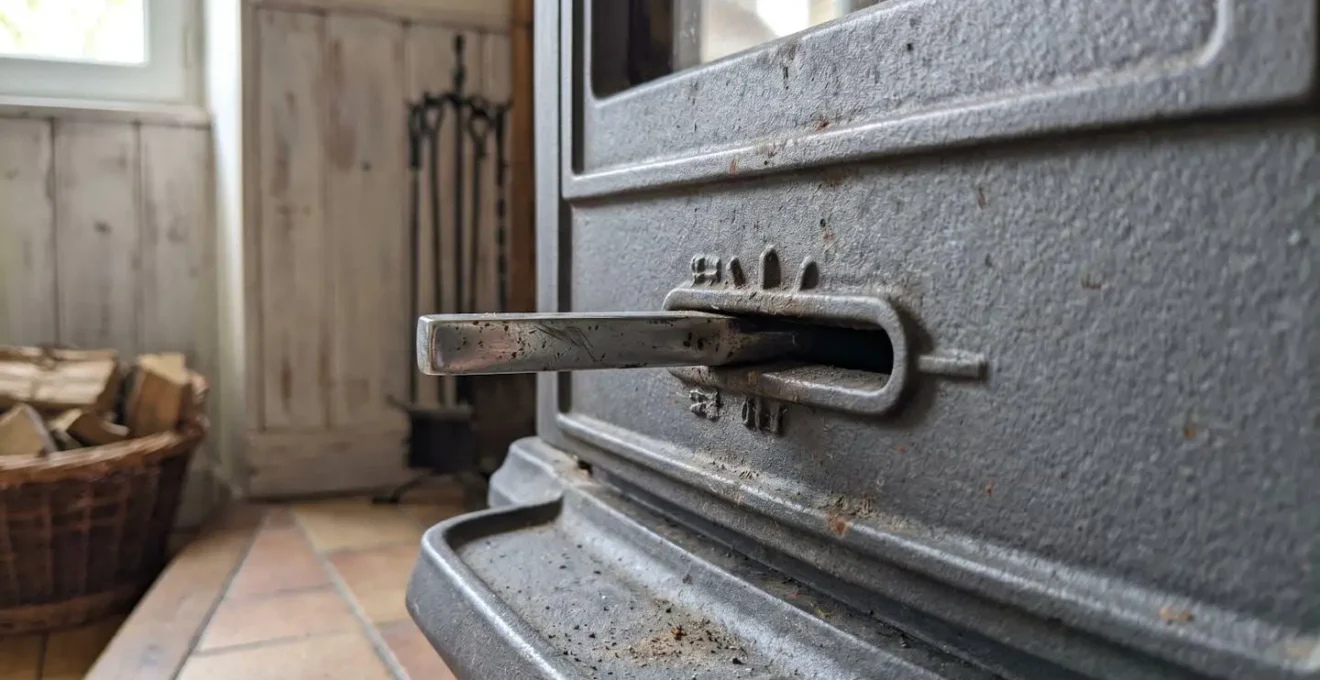 Gros plan sur le régulateur d'air d'un poêle à bois moderne réglé au minimum, surface en fonte avec éclairage latéral naturel