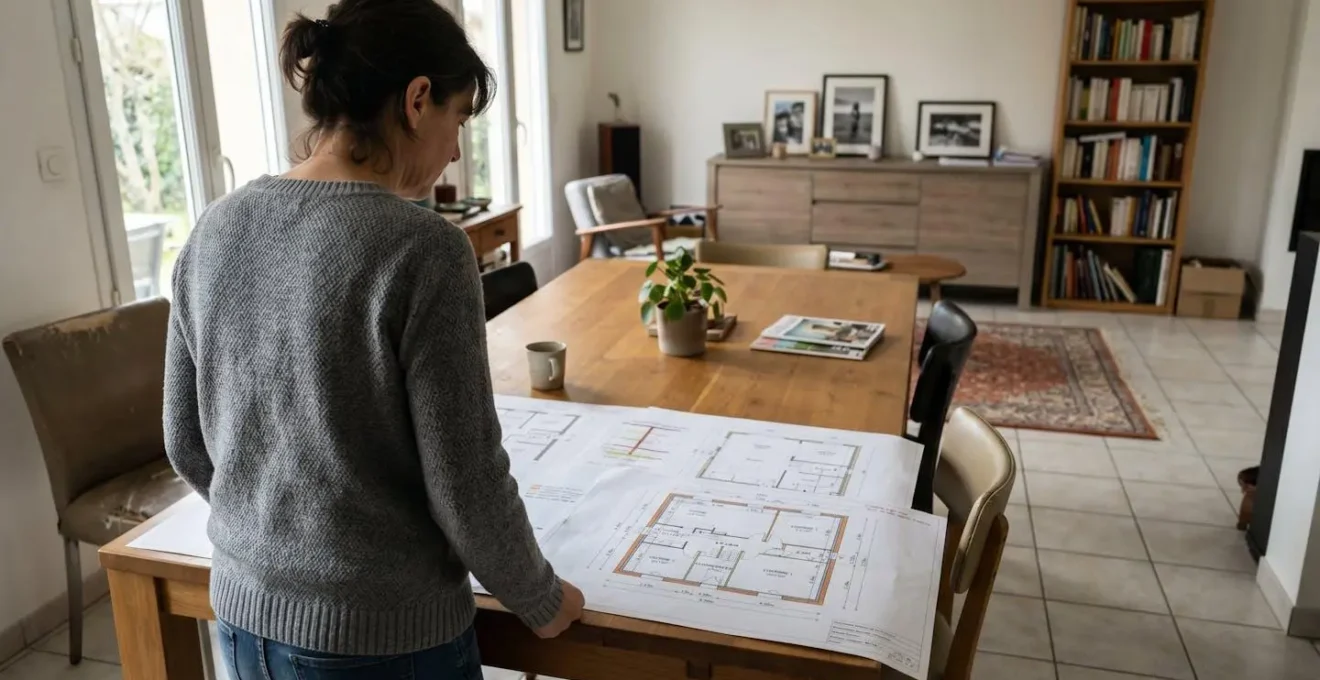 Personne de dos consultant des plans architecturaux avec dimensions de pièces visibles sur une table de salle à manger, intérieur résidentiel contemporain avec lumière naturelle douce