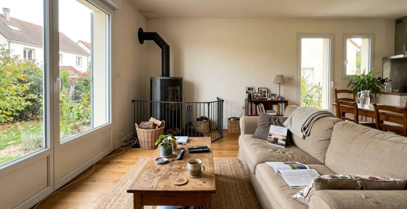Salon contemporain français avec poêle à bois moderne installé dans un angle, parquet en bois clair, grandes fenêtres et lumière naturelle d'après-midi