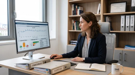 Directrice financière analysant un tableau de bord d'encours clients sur son écran d'ordinateur dans un bureau professionnel moderne avec documents comptables