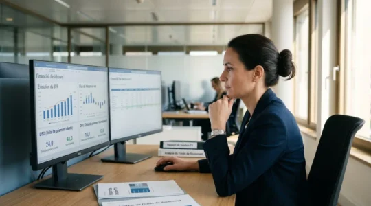 Directrice financière analysant des tableaux de bord de trésorerie et d'évolution du besoin en fonds de roulement sur double écran dans un bureau contemporain