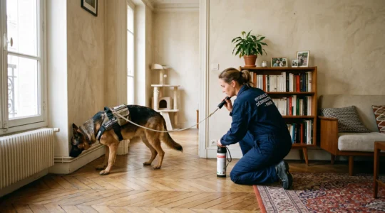 Technicien certifié en lutte antiparasitaire avec chien détecteur inspectant un appartement parisien typique des années 1960