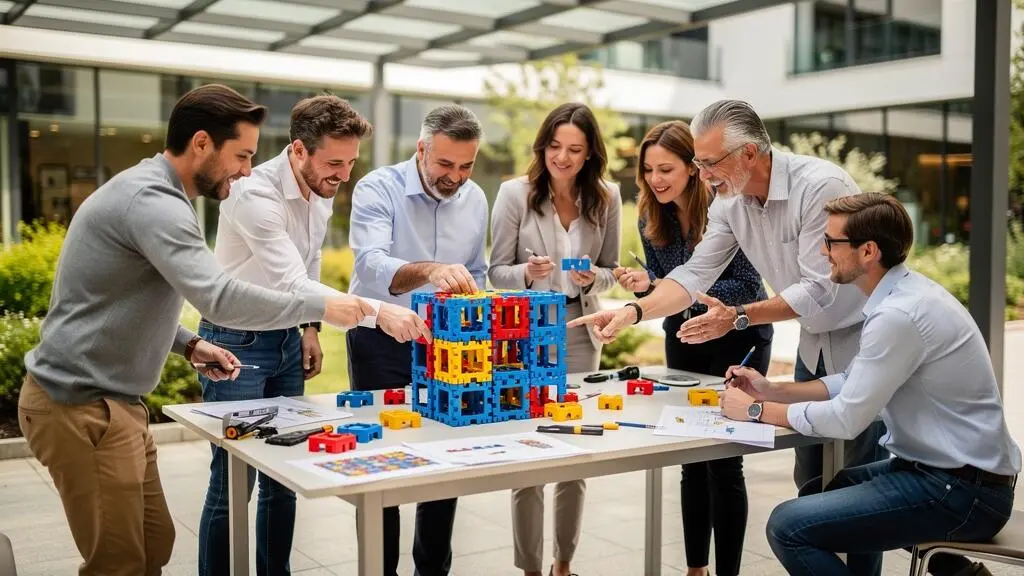 Team of professionals collaborating on a construction challenge activity during a corporate team building event