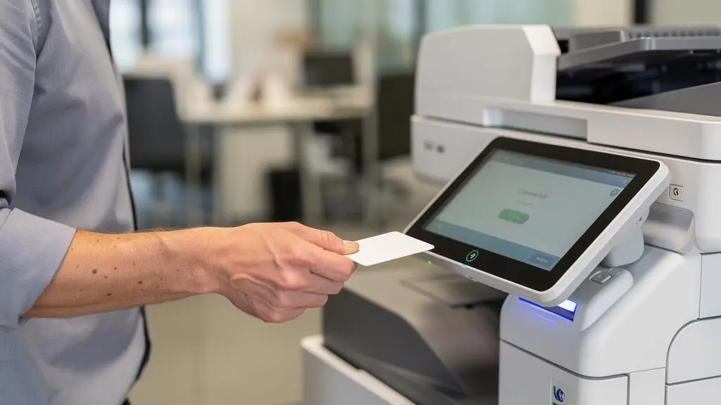 Office employee authenticating with access badge at professional Wi-Fi printer control panel.