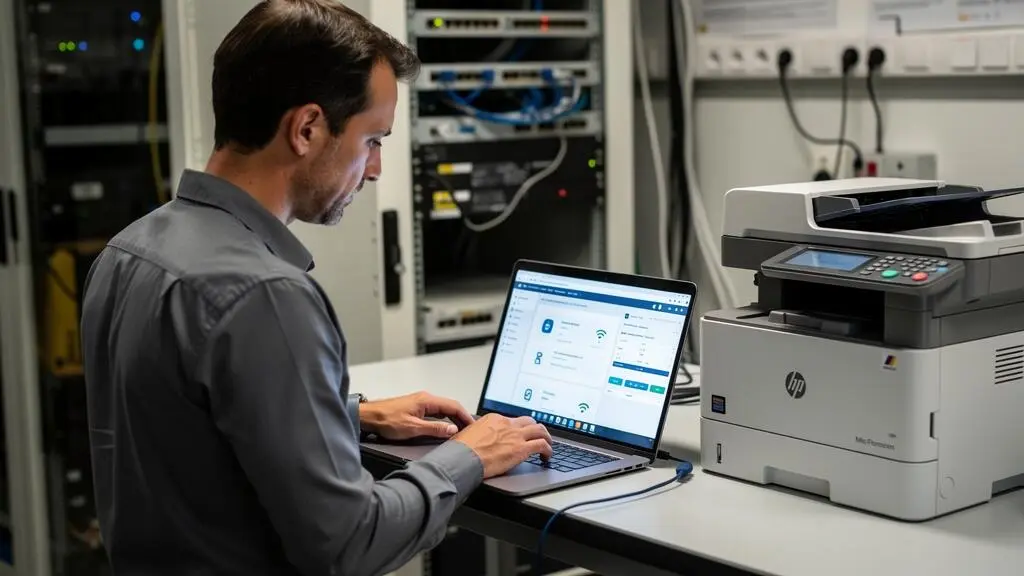 IT technician configuring Wi-Fi network security settings for a professional printer via laptop interface.