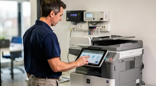 Network administrator configuring security settings on a professional Wi-Fi printer touchscreen in a French office.