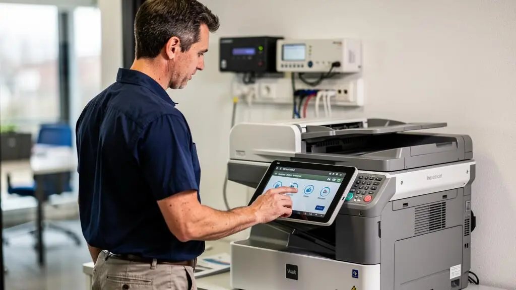 Network administrator configuring security settings on a professional Wi-Fi printer touchscreen in a French office.