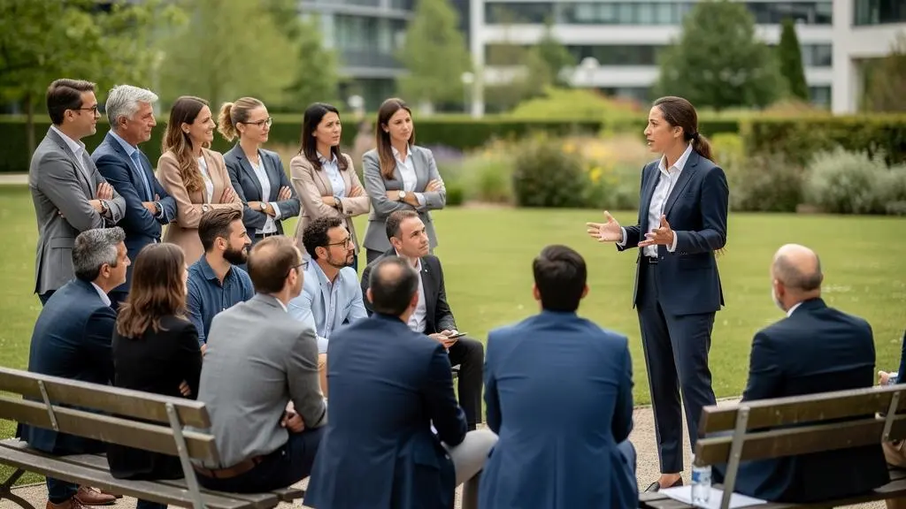 Facilitator leading a feedback and debrief session with team building participants gathered in a semi-circle outdoors
