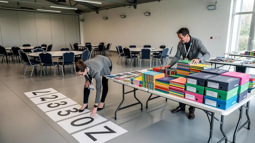 Event organizers preparing a large venue by arranging activity zones and materials for a corporate team building event