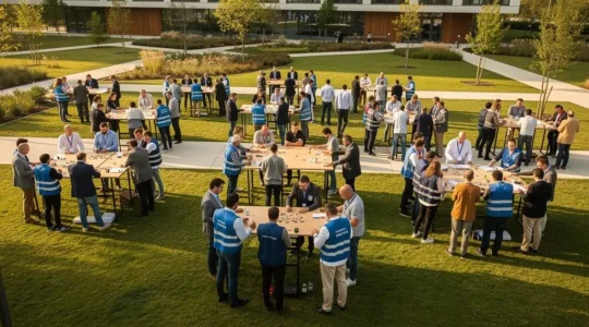 Large corporate team building event with over 100 professionals divided into multiple sub-groups engaging in outdoor collaborative activities with facilitators