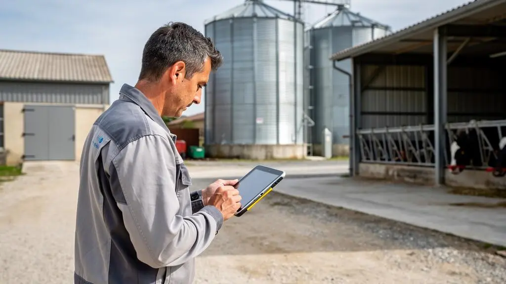 Conseiller agricole évaluant les infrastructures et bâtiments d'exploitation avec outil numérique dans une ferme française