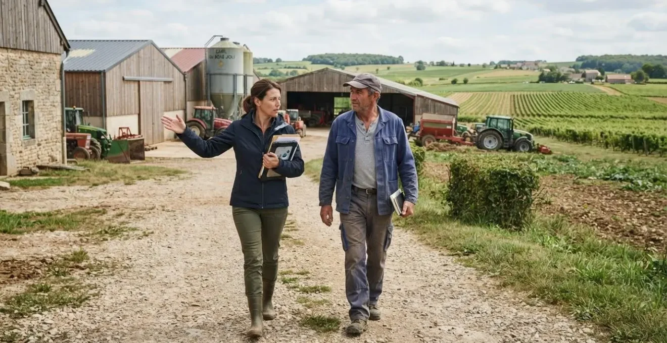 Consultant agricole et exploitant discutant ensemble en marchant dans une exploitation française avec parcelles cultivées en arrière-plan