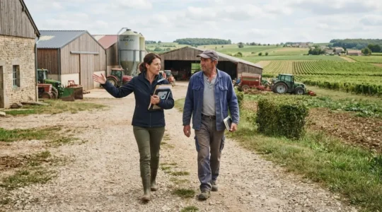 Consultant agricole et exploitant discutant ensemble en marchant dans une exploitation française avec parcelles cultivées en arrière-plan