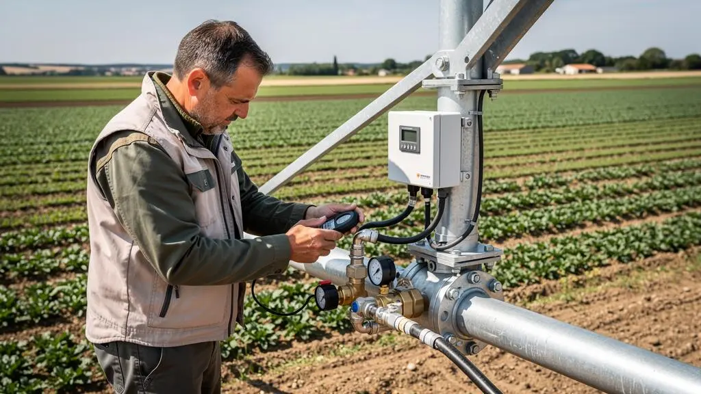 Consultant agricole inspectant un système d'irrigation moderne dans une exploitation avec parcelles cultivées en arrière-plan