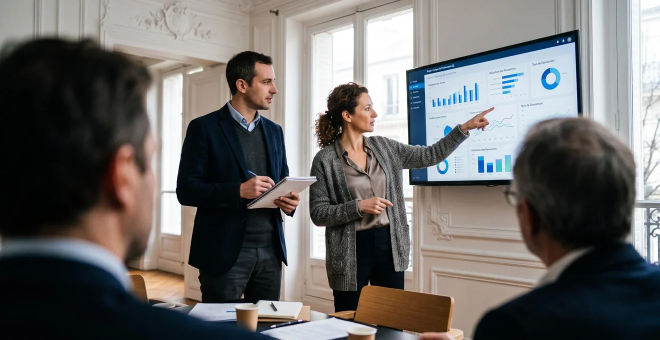 Deux consultants présentent un tableau de bord de données sur un écran mural à des clients dans une salle de réunion haussmannienne.
