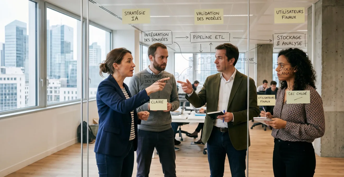 Deux ingénieurs data et deux consultants échangent devant un mur vitré couvert de notes post-it dans un bureau moderne parisien.
