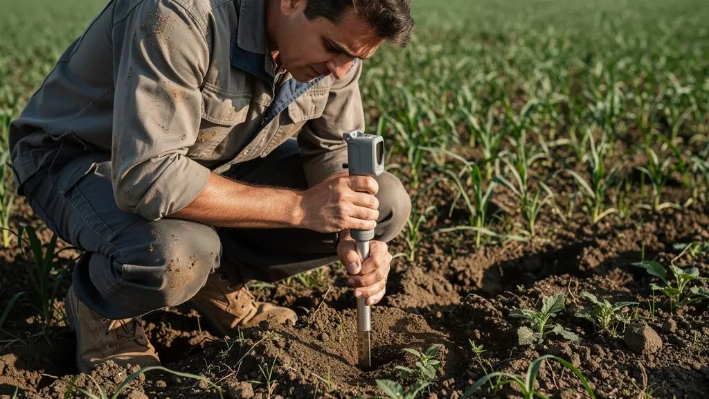 Expert agricole analysant le sol d'une parcelle cultivée avec un appareil de mesure professionnel en conditions réelles de terrain