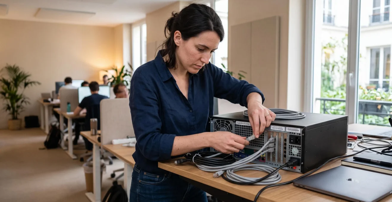 Une ingénieure data branche un câble réseau sur un petit serveur posé sur un bureau debout dans un open-space.