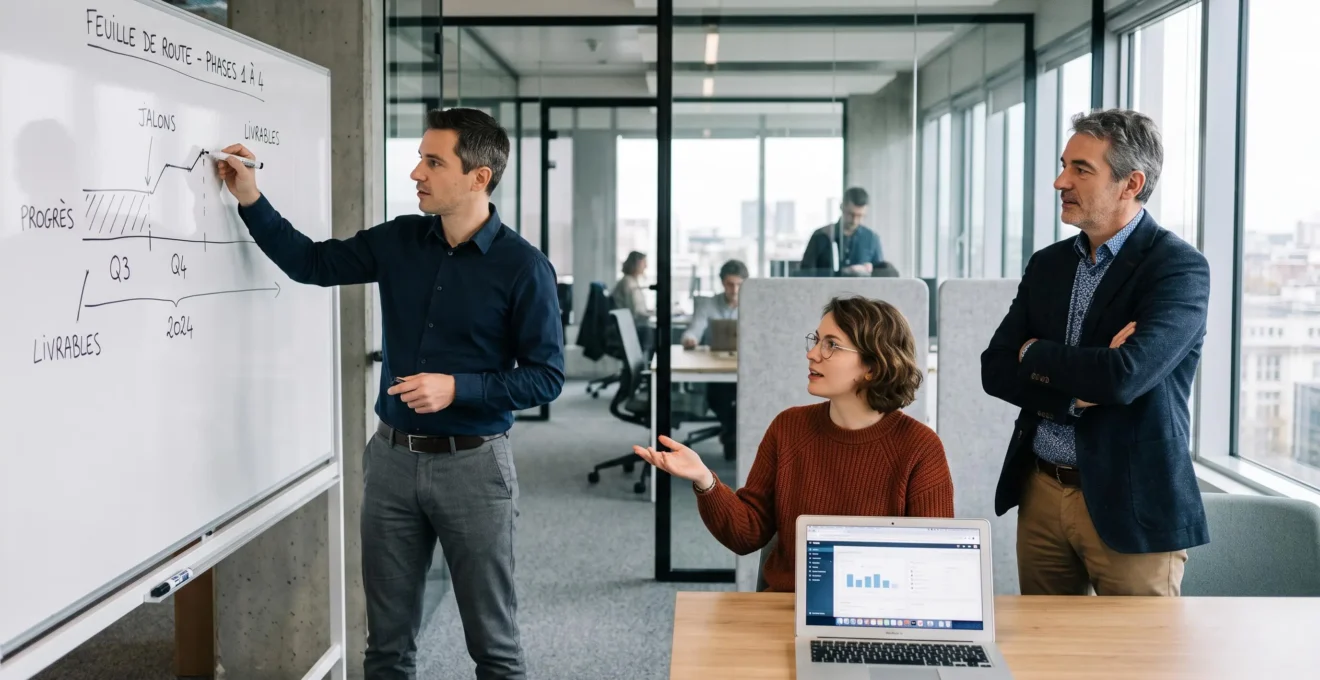 Un consultant dessine une feuille de route sur un whiteboard tandis que deux collaborateurs internes en discutent dans un espace de travail lumineux.