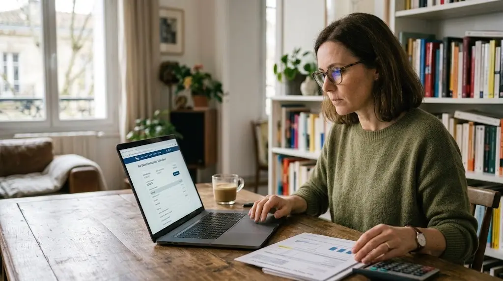 Une femme compare le solde de son contrat d'assurance vie sur écran et sur papier.