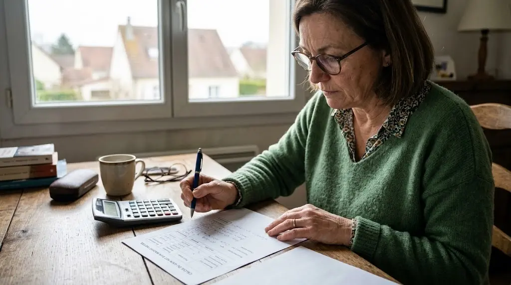 Une personne calcule le gain net d'un rachat partiel sur une fiche papier.