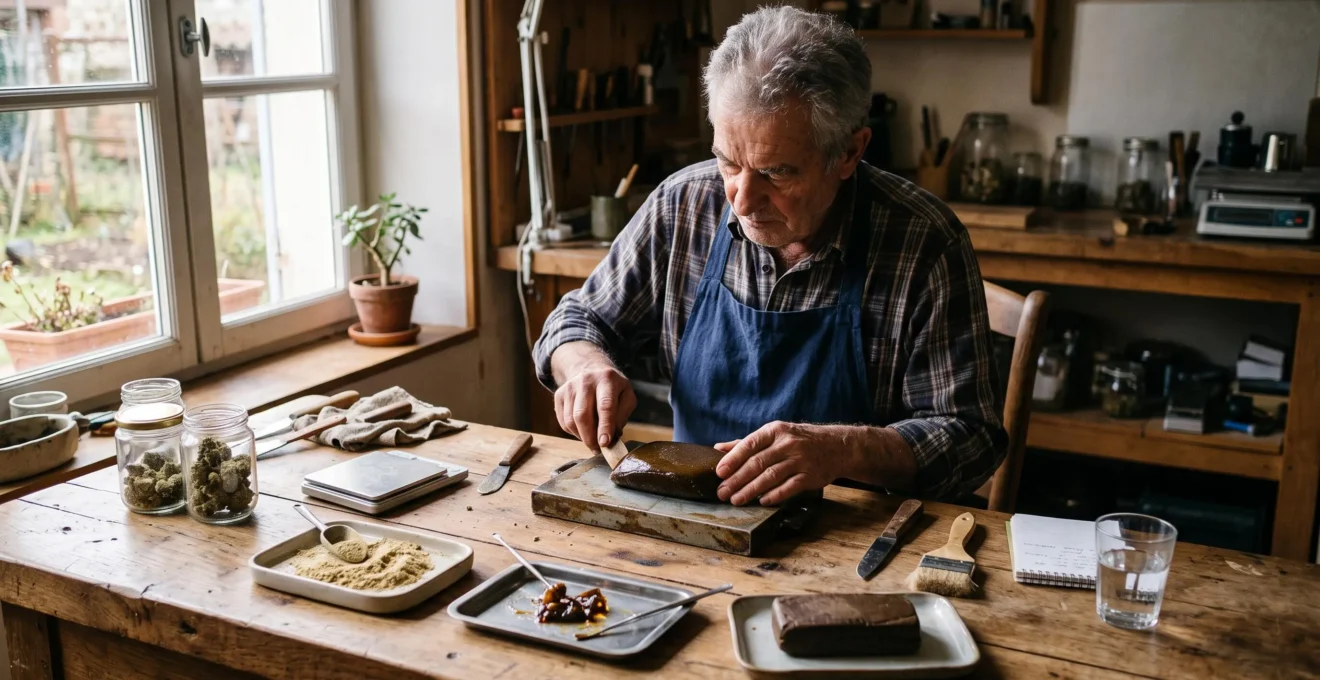 Un artisan presse à la main un bloc de résine de CBD sur une table d'atelier.