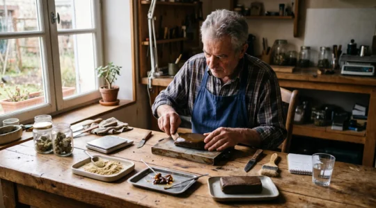 Un artisan presse à la main un bloc de résine de CBD sur une table d'atelier.