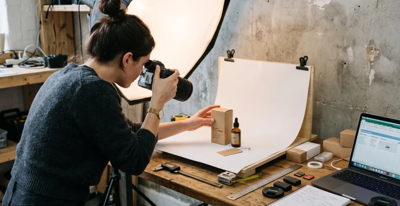 Une assistante marketing photographie un produit pour enrichir sa fiche dans le PIM.
