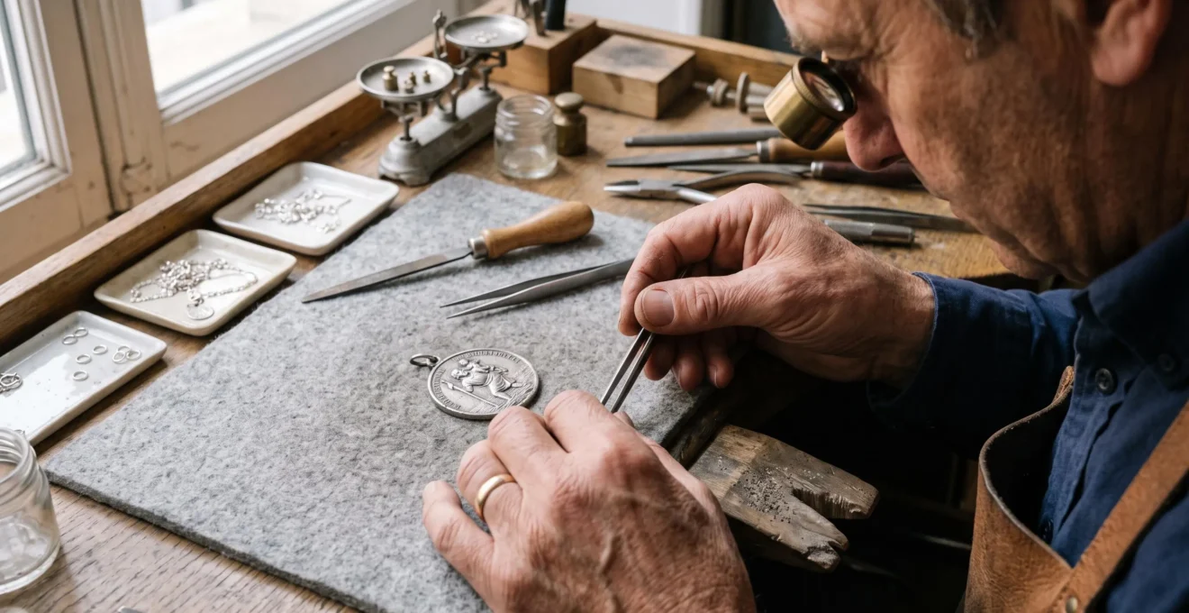 Un bijoutier examine une petite médaille en argent avec une loupe sur son établi.