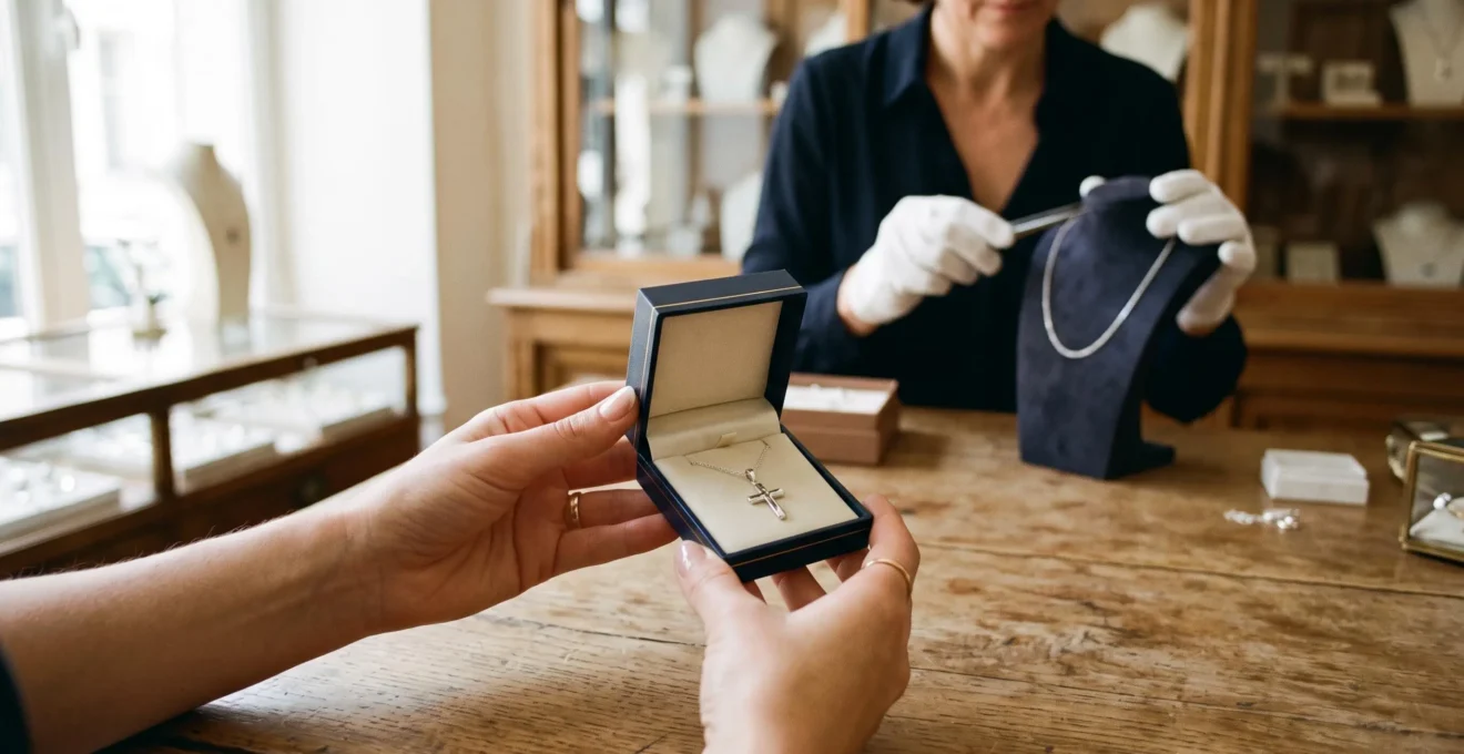 Une femme tient une boîte cadeau ouverte contenant un pendentif croix en argent dans une bijouterie.