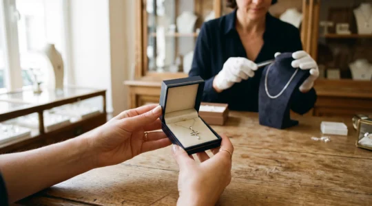 Une femme tient une boîte cadeau ouverte contenant un pendentif croix en argent dans une bijouterie.