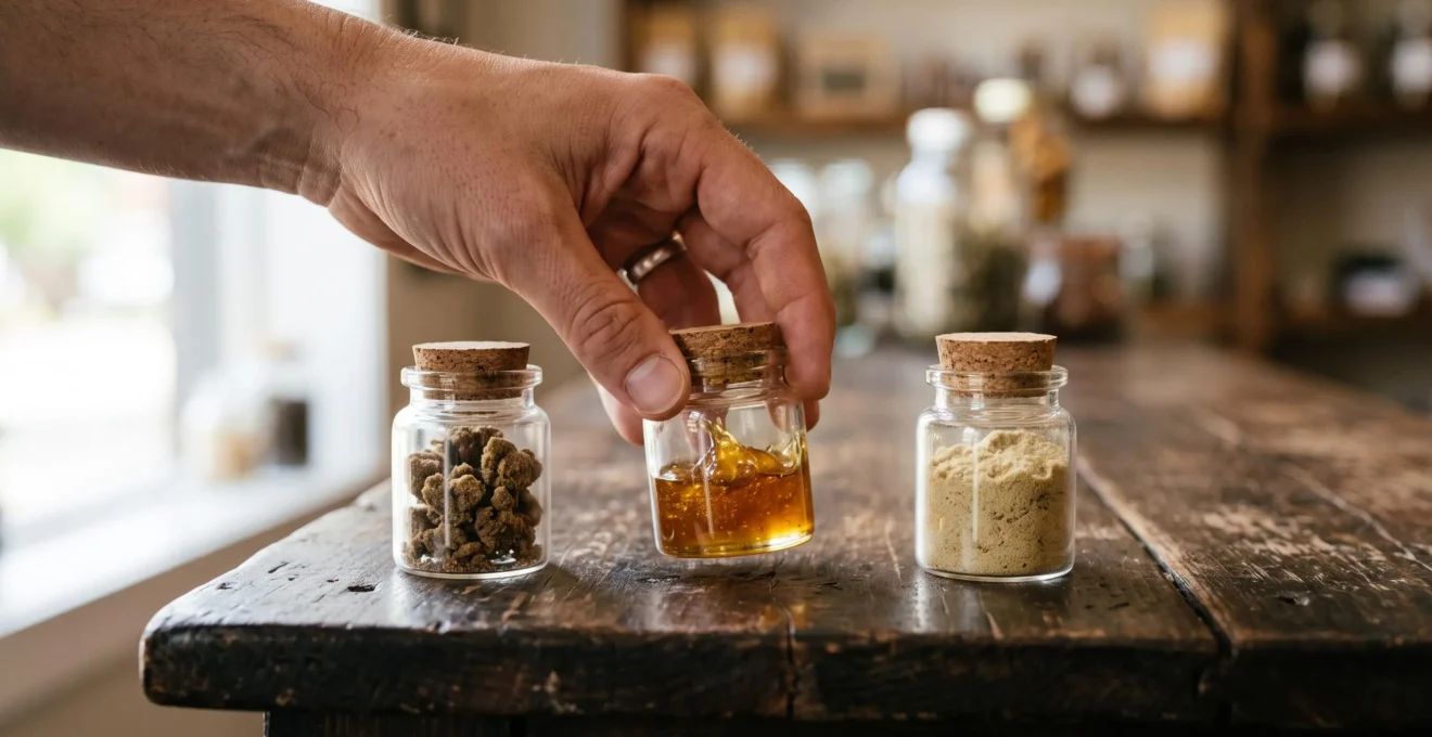 Une main compare trois résines de CBD de textures différentes dans des pots en verre.