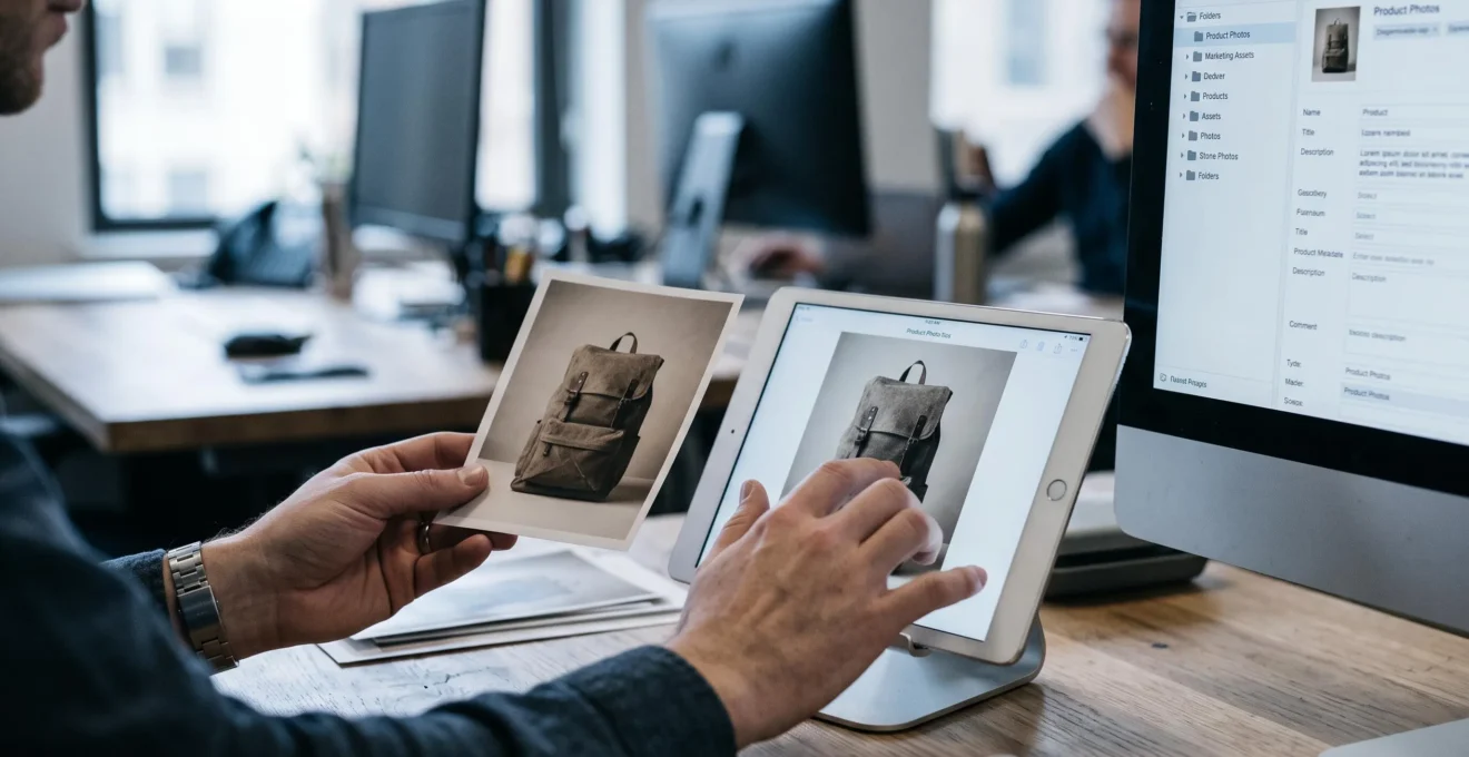 Des mains comparent une photo produit imprimée et sa version numérique sur une tablette.