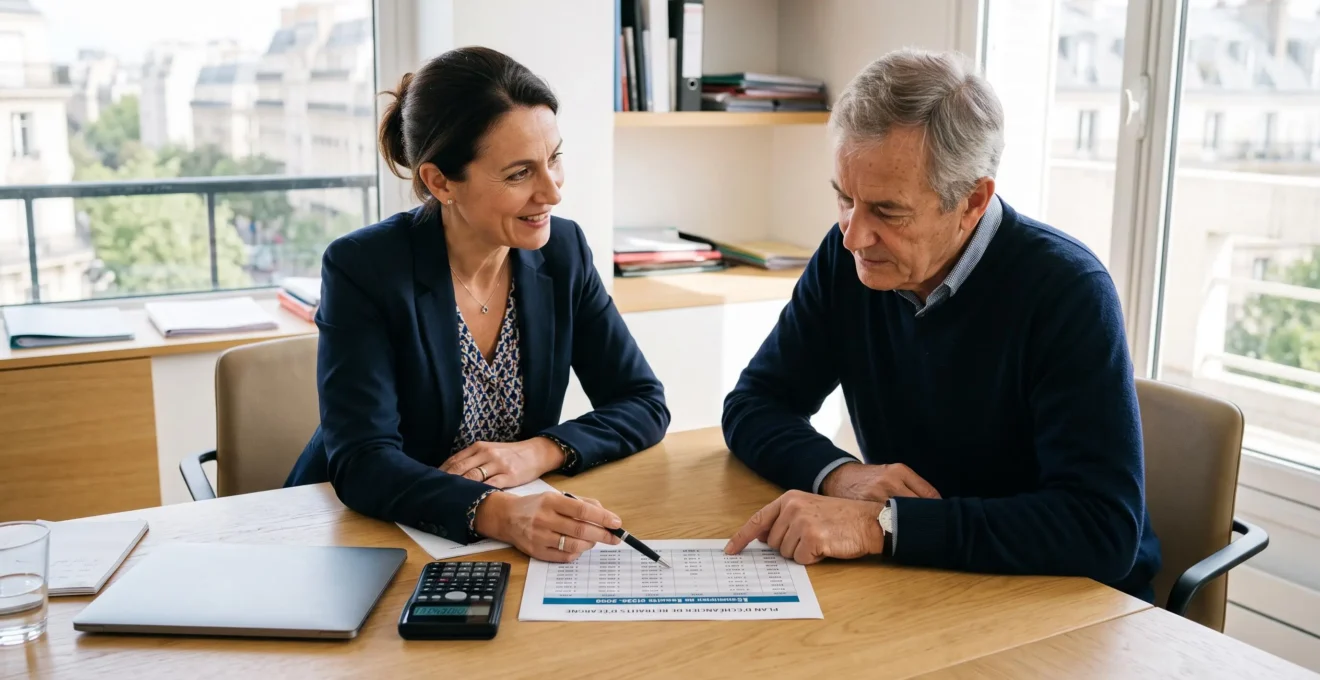 Un conseiller explique à un client un tableau de rachats programmés sur une assurance vie.